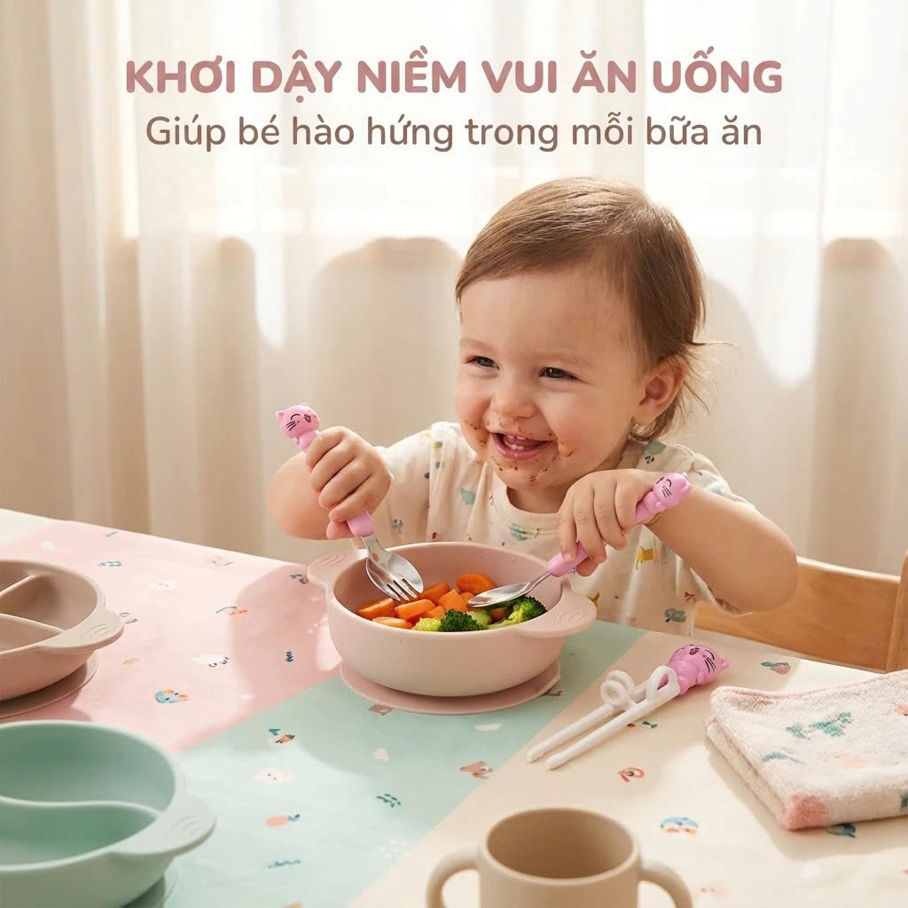 Bộ Ăn Dặm Cho Bé 3 Món, Đũa Xỏ Ngón + Thìa + Dĩa, Dễ Cầm Chống Rơi, An Toàn, Màu Xanh/Hồng - HÀNG CHÍNH HÃNG MINIIN