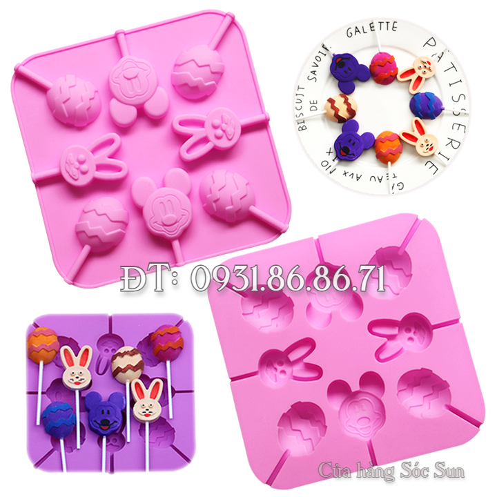 Khuôn silicon 8 chuột Mickey, thỏ con, trứng – Mã số 1439