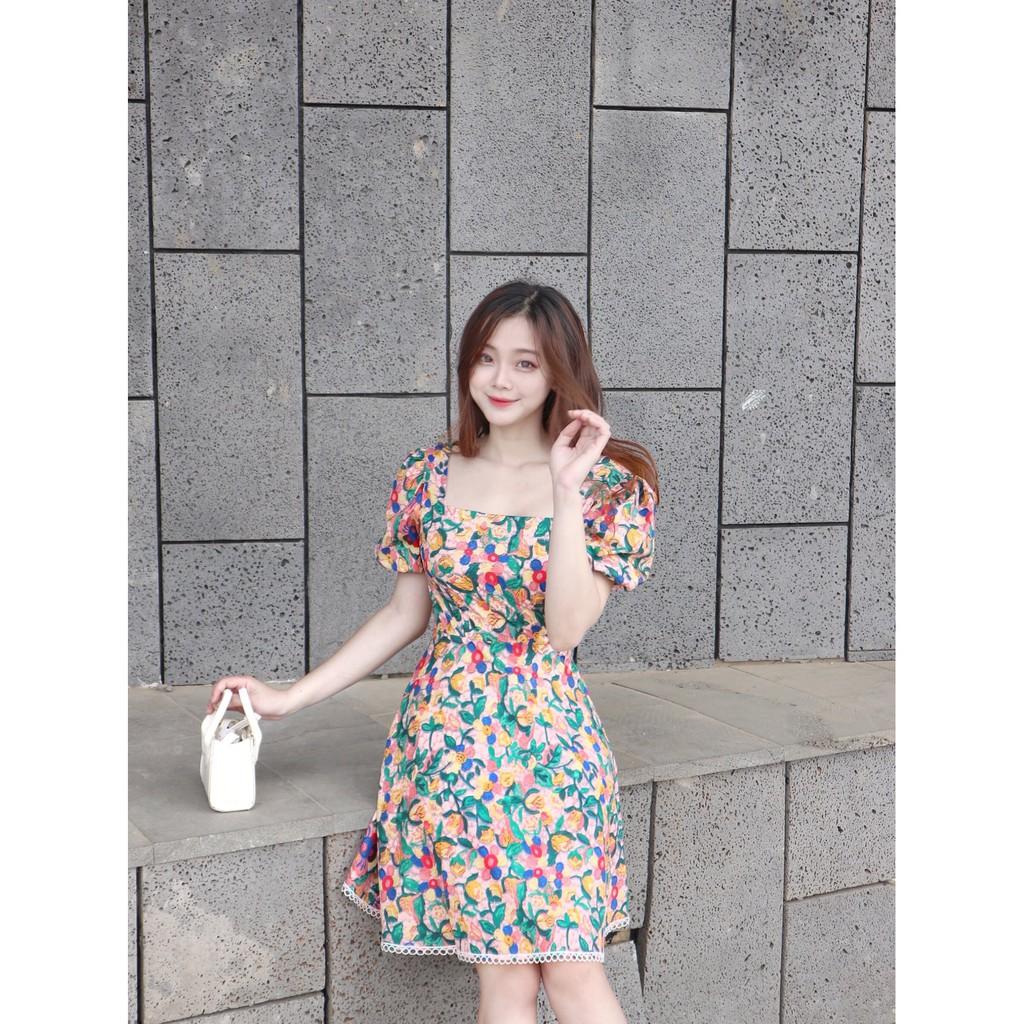 ĐẦM DỰ TIỆC HOA NHÍ LỤA TRƯỢT CỔ VUÔNG TAY LỠ PHỒNG DÁNG XÒE VIỀN REN-hình thật shop chụp