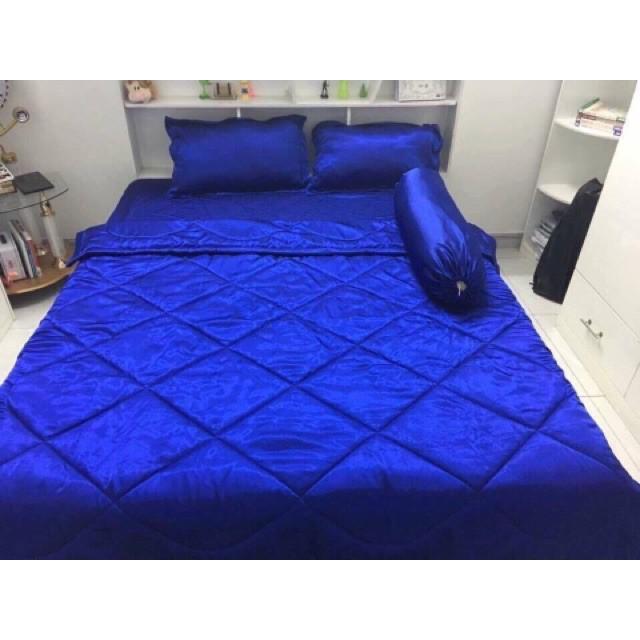 Bộ Chăn Trần Bông Ga Gối Phi Lụa 5 Món Cao Cấp Màu Xanh Biển