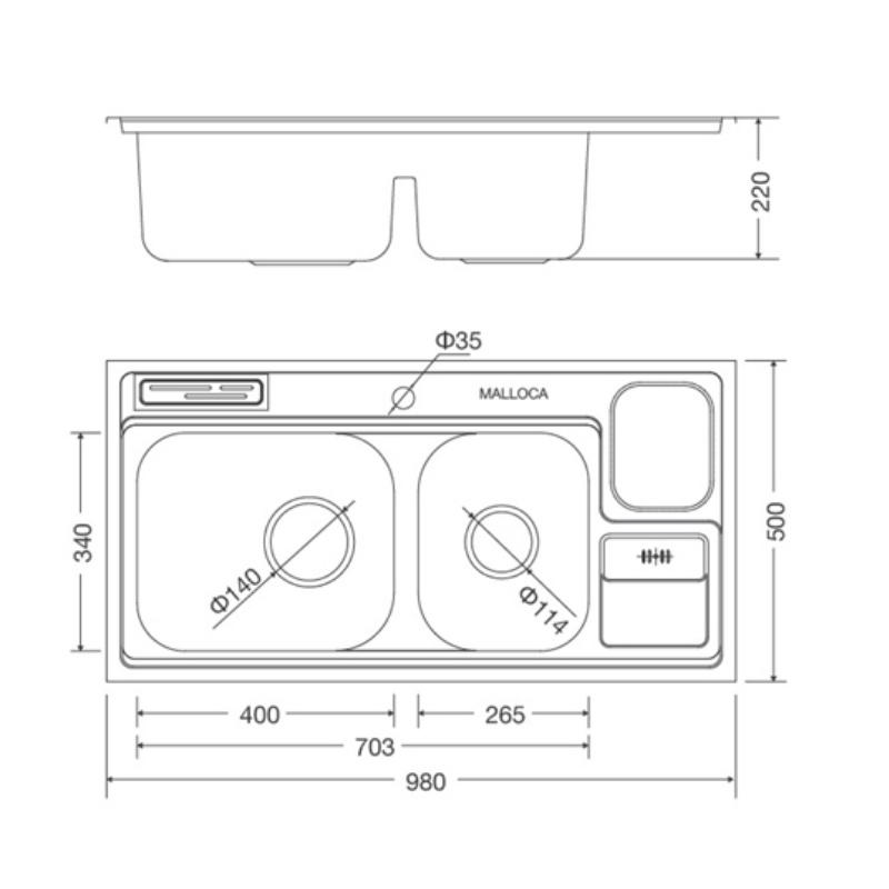 Chậu Rửa Chén Malloca MS 8809 - Inox 304 - Ngang 98cm - Hàng Chính Hãng