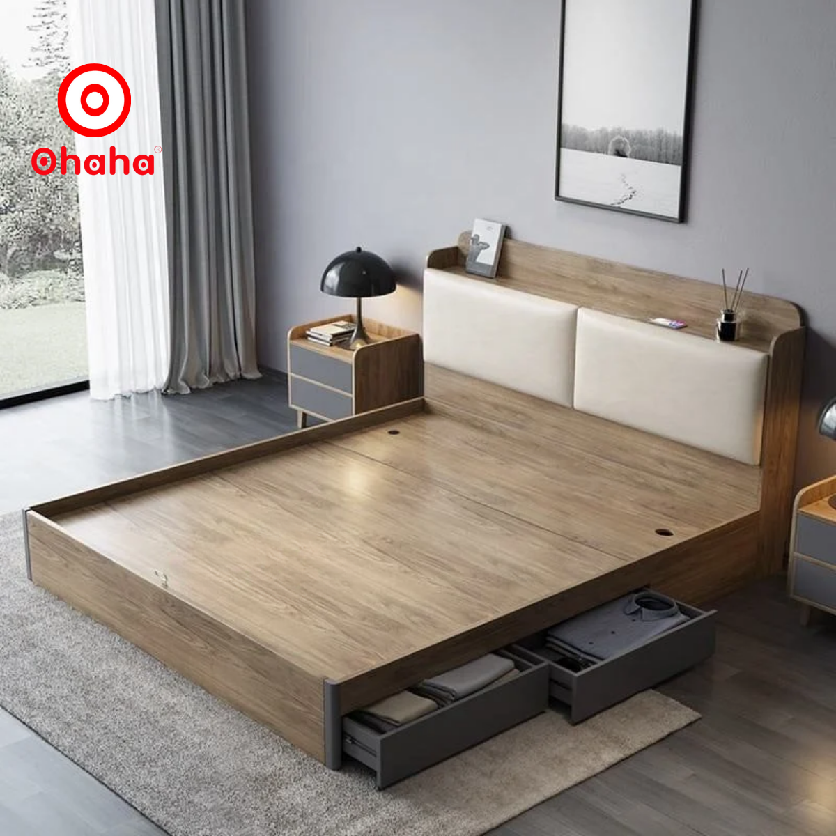 [Miễn phí lắp đặt &amp; vận chuyển] Giường ngủ gỗ công nghiệp cao cấp bọc nệm đầu giường Ohaha - GN002