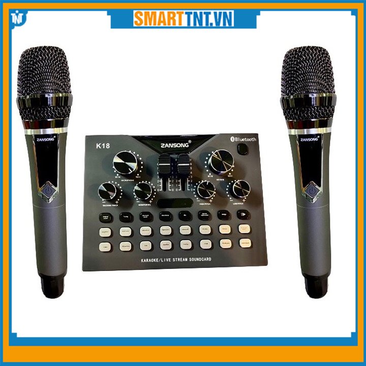 Mixer kiêm sound card ZANSONG K18 kèm 2 mic không dây có auto turn