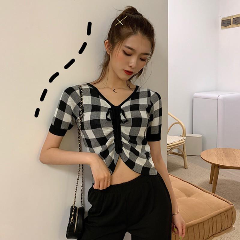 Áo Dệt Kim Nữ Ngắn Tay Cổ Chữ V Thời Trang Hàn