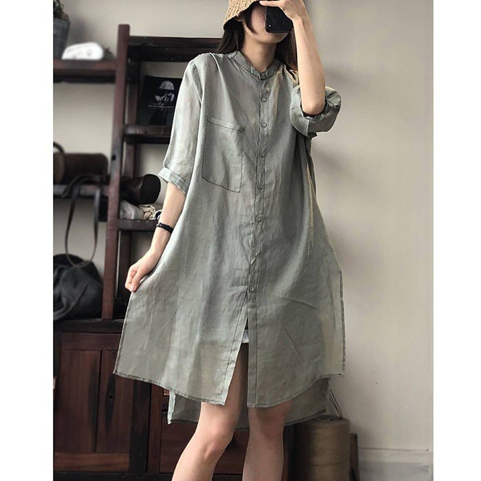 Sơ mi nữ dáng dài Linen bột Premium cổ tàu tay lỡ trẻ trung, chất vải Linen nhập Hàn mềm mát, thời trang hè thu 2023