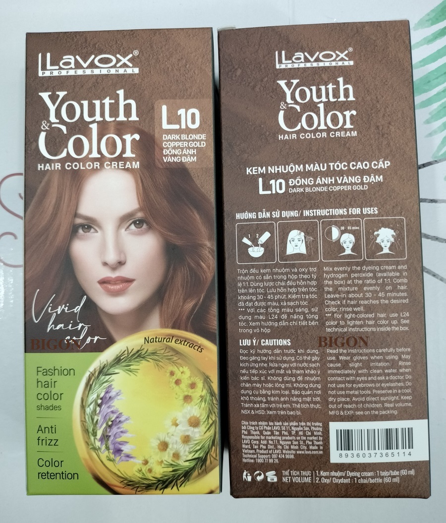 (Đồng Ánh Vàng Đậm) Kem Nhuộm Tóc Màu Thời Trang Lavox Youth&amp;Color L10 - Dark Blonde Copper Gold