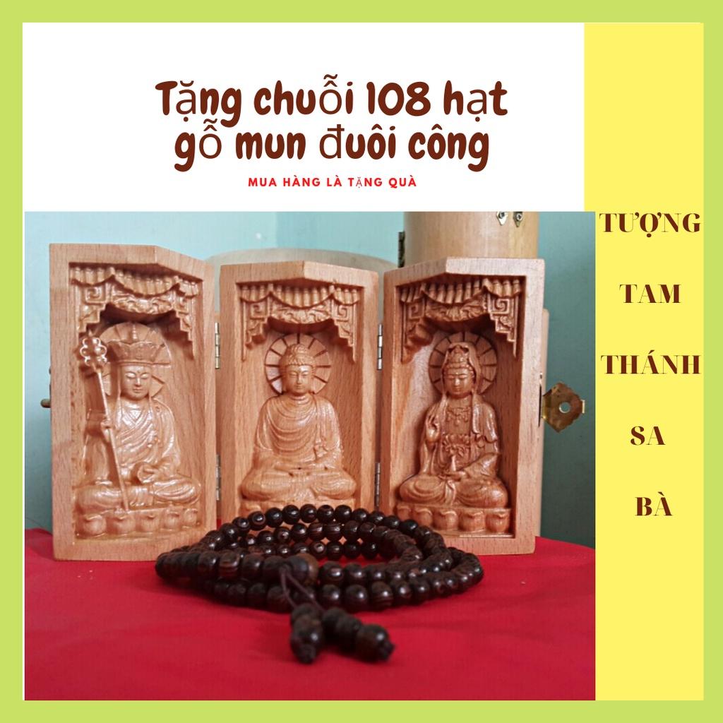 Tượng Gỗ Tam Thánh Sa Bà. Tượng Địa Tạng Vương Bồ Tát - Phật Thích Ca - Quan Âm Bồ Tát. Điêu Khắc Chất Liệu Gỗ