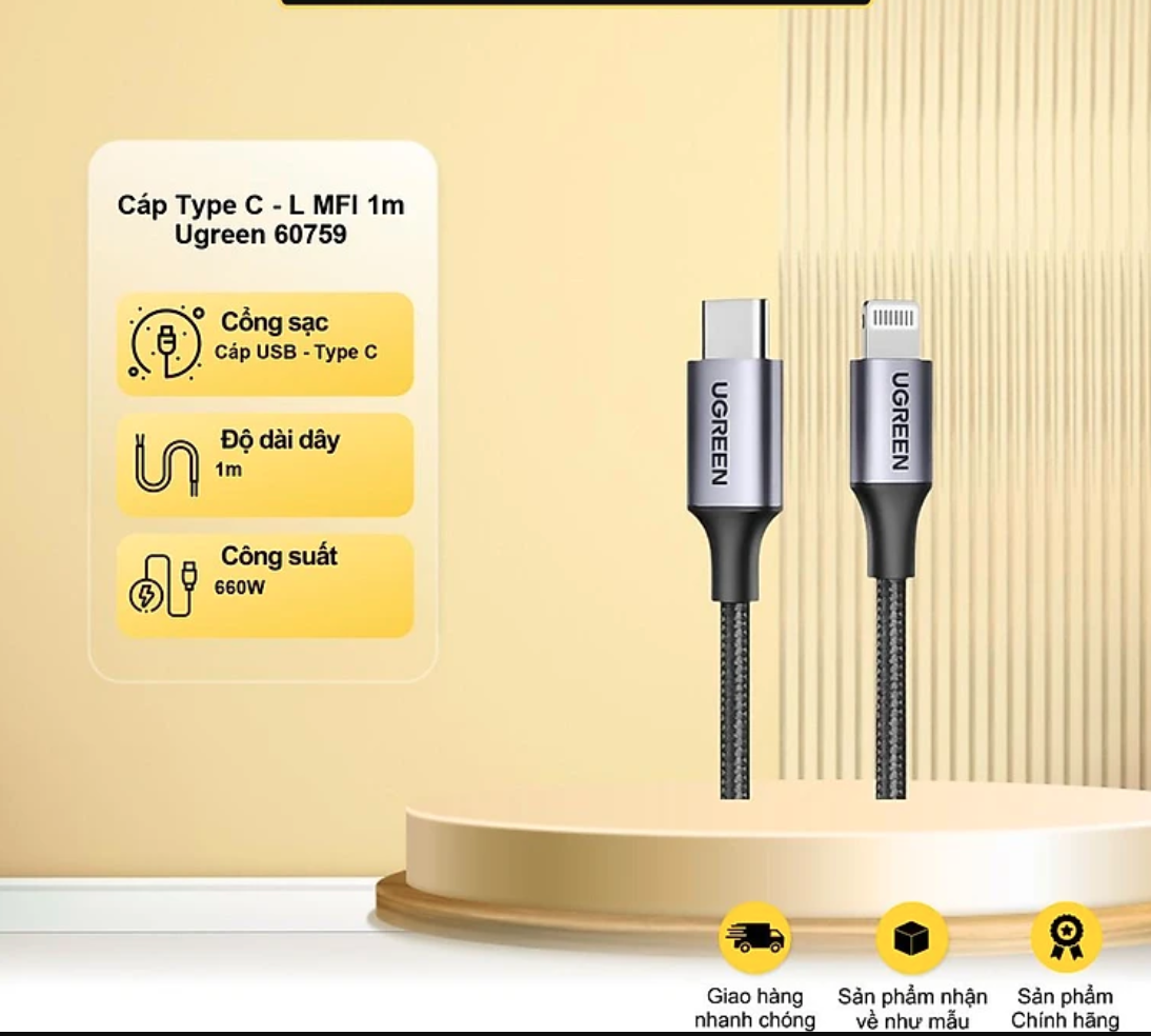 Cáp Type C - L MFI 1m Ugreen 60759 Đen - Hàng chính hãng