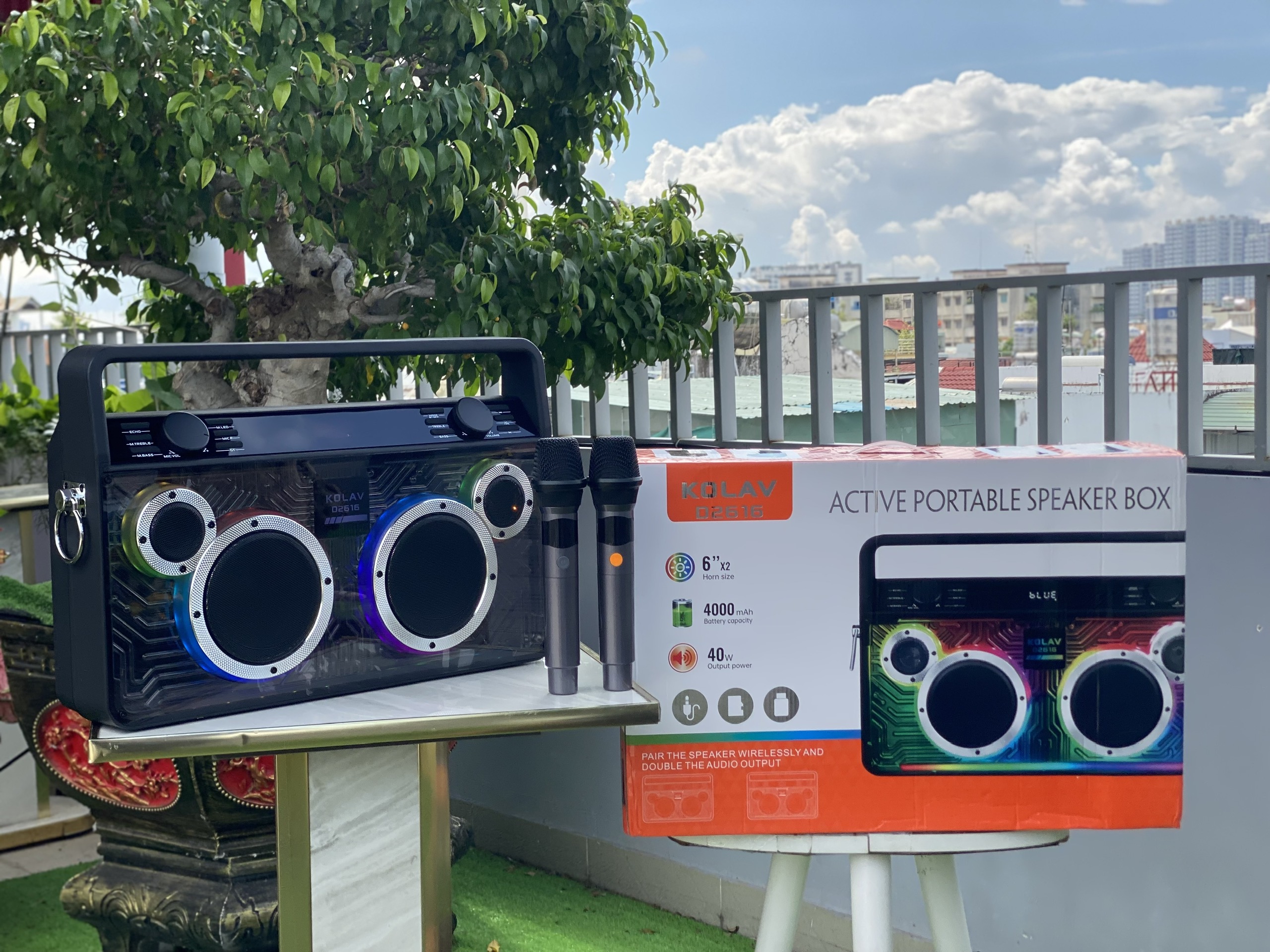 Loa Bluetooth D2616 2 bass 15cm cực chất hệ thống đèn led độc đáo nhỏ gọn xách tay karaoke du lịch nghe nhạc kèm 2 mic hàng nhập khẩu