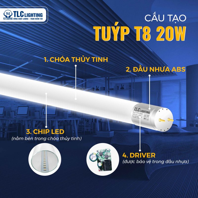 Đèn LED tuýp thủy tinh T8 1.2m - 20W - ánh sáng trắng