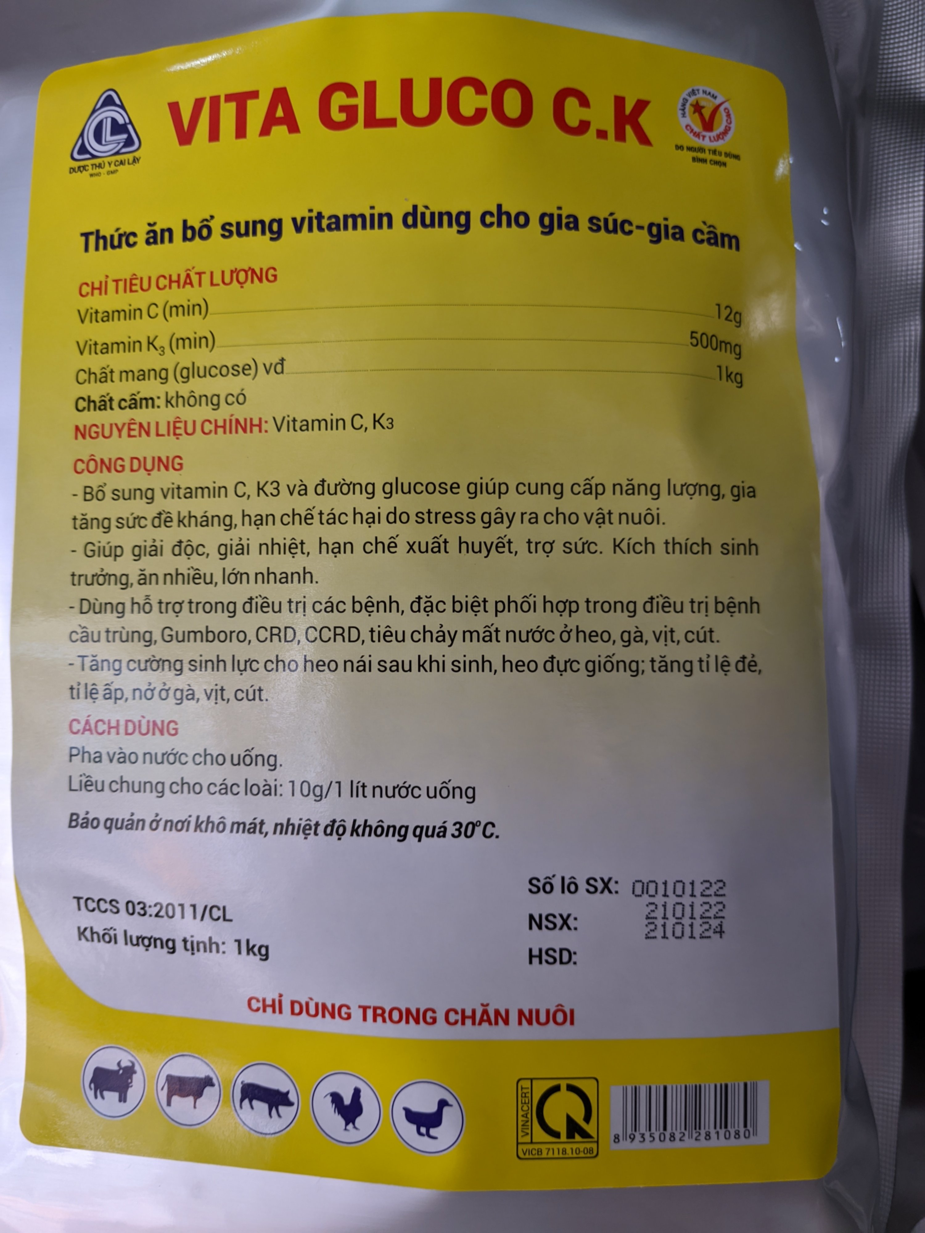 Thức ăn bổ sung VITAGLUCO C.K Tăng lực cho gia súc gia cầm Bổ sung vitamin C, K3 và đường glucose, Kích thích sinh trưởng, ăn nhiều