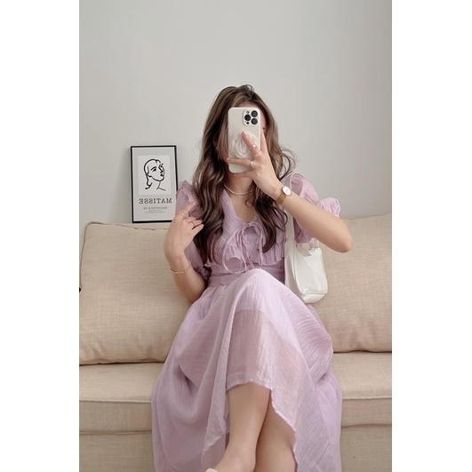 Váy Đầm Cổ Bèo Voan Tơ Dáng Dài Màu Xanh Bơ / Tím Nhạt Trendy (ẢNH THẬT+VIDEO)