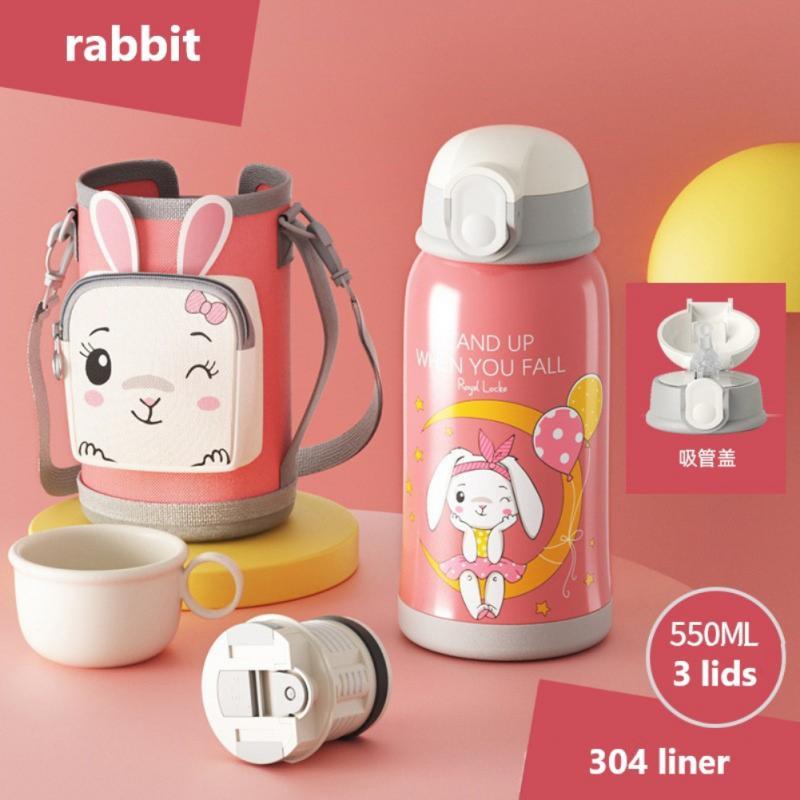 550Ml Treo Tường Đôi Trẻ Nhiệt Chai Du Lịch Ngoài Trời Hoạt Hình Cốc Bình Giữ Nhiệt Chân Không Thép Không Gỉ Cốc Tập Uống Có 3 Nắp Đậy Và cốc Tay