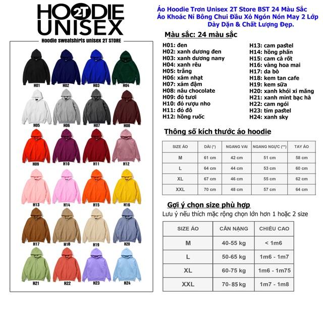 Áo Hoodie unisex 2T Store bst 24 màu sắc khoác nỉ chui đầu nón 2 lớp dày dặn chất lượng