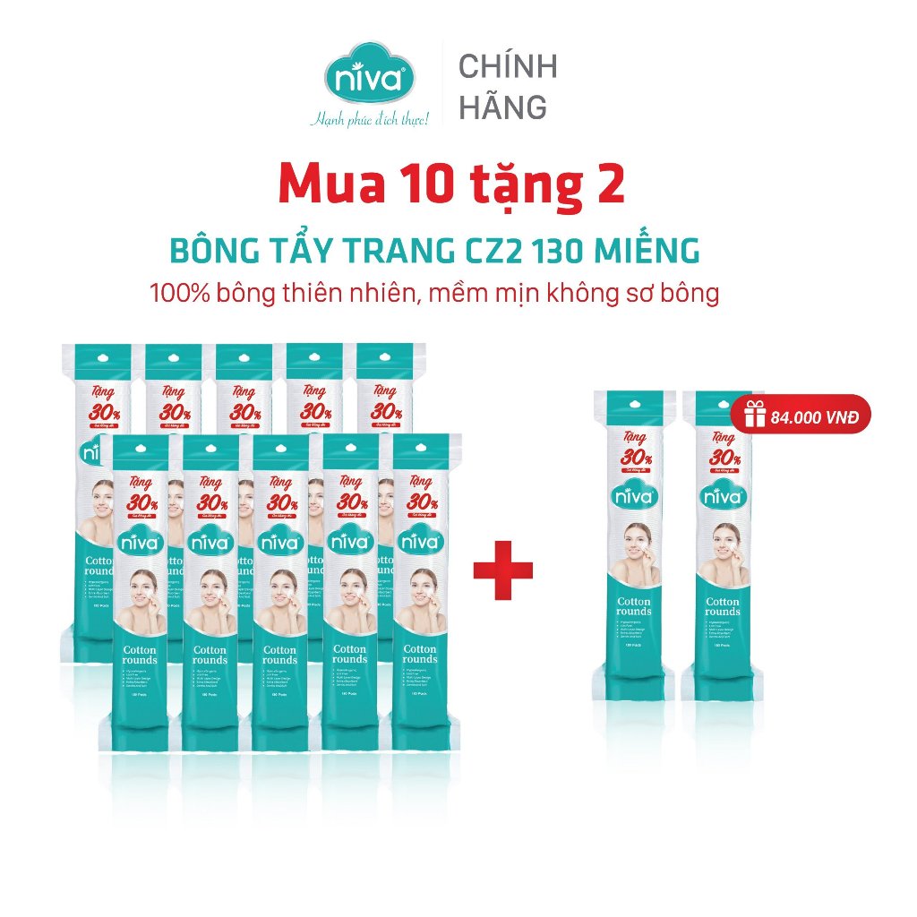 COMBO 10 Túi 130 Miếng Bông Tẩy Trang Tròn NIVA Cao Cấp Cz2 Bông Tự Nhiên 100% Mềm Mại An Toàn Cho Da Nhạy Cảm