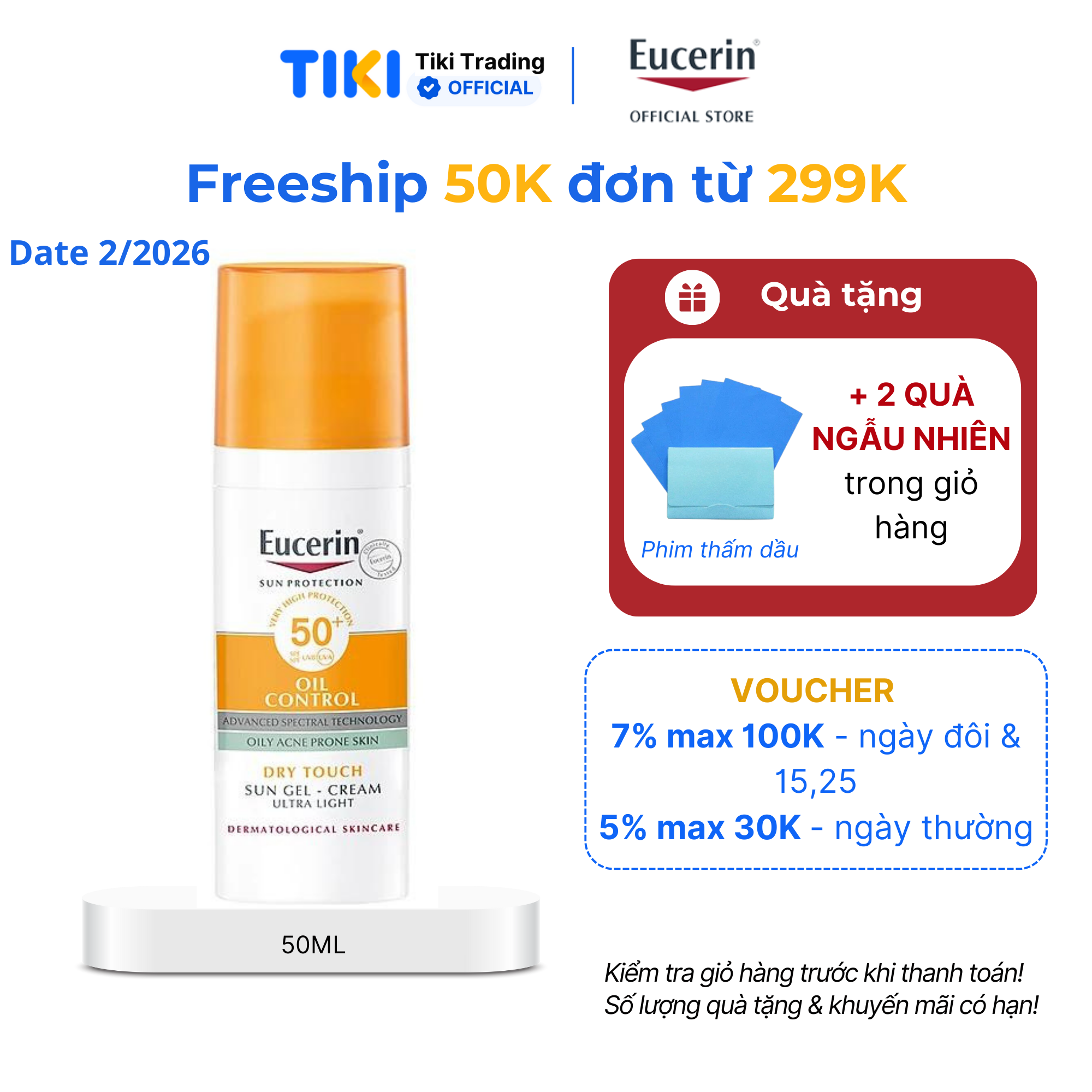 Kem chống nắng kiềm dầu &amp; ngừa mụn Eucerin Sun Dry Touch SPF50+ 50ml