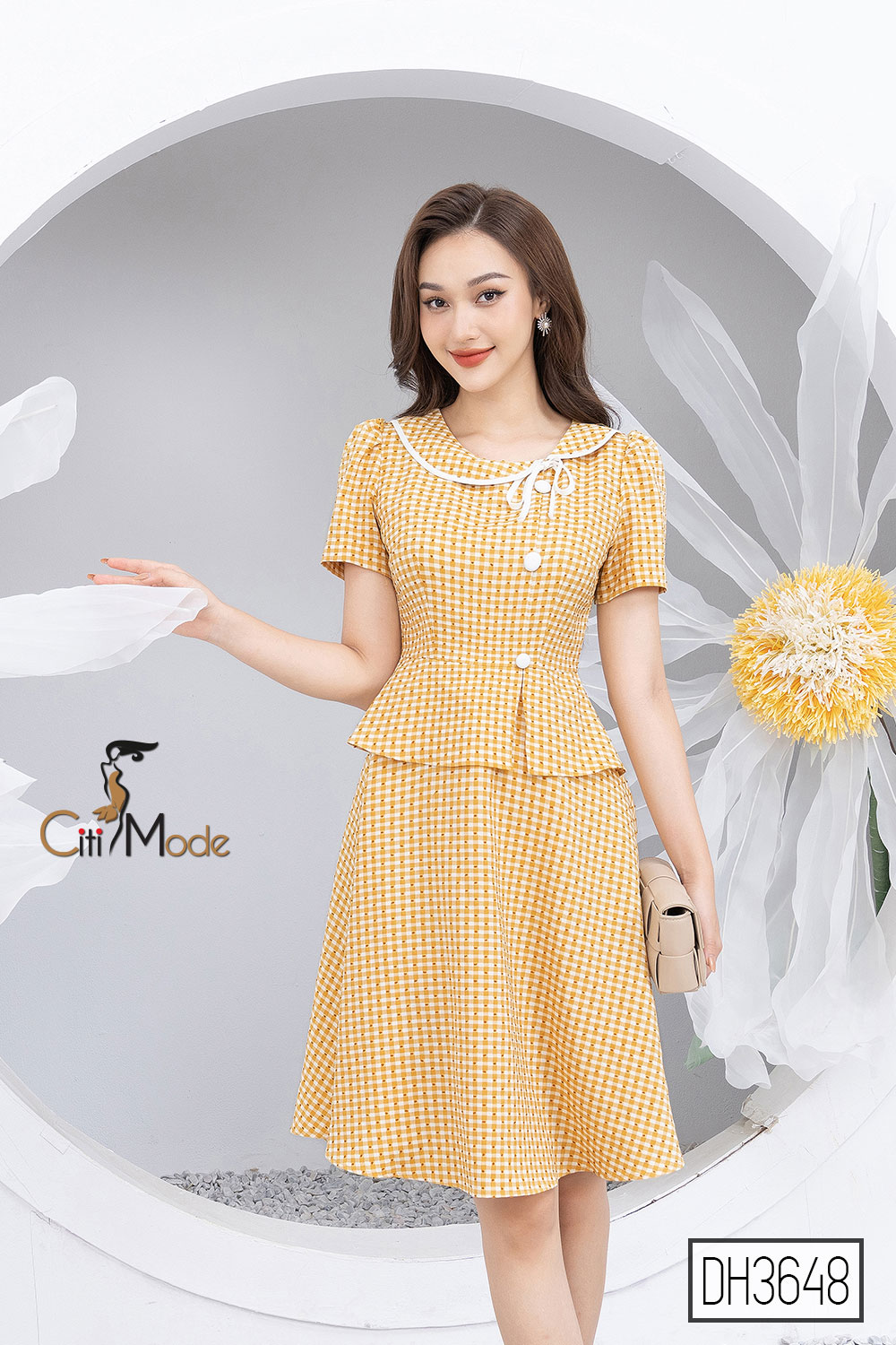 Đầm xòe peplum công sở vàng CITI MODE phối cúc lệch DH3648