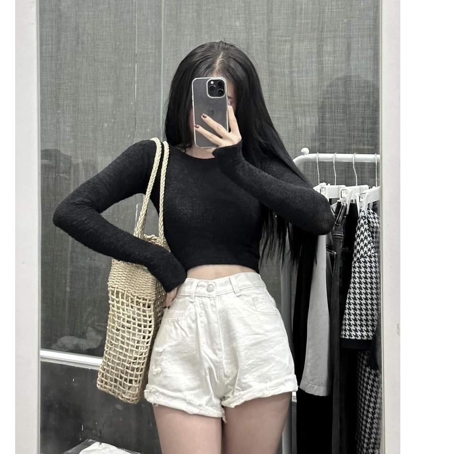 Áo Croptop Tay Dài Ôm Body Cổ Tròn Và Cổ Vuông Chất Liệu Lông Mềm Quyến Rũ - AO089