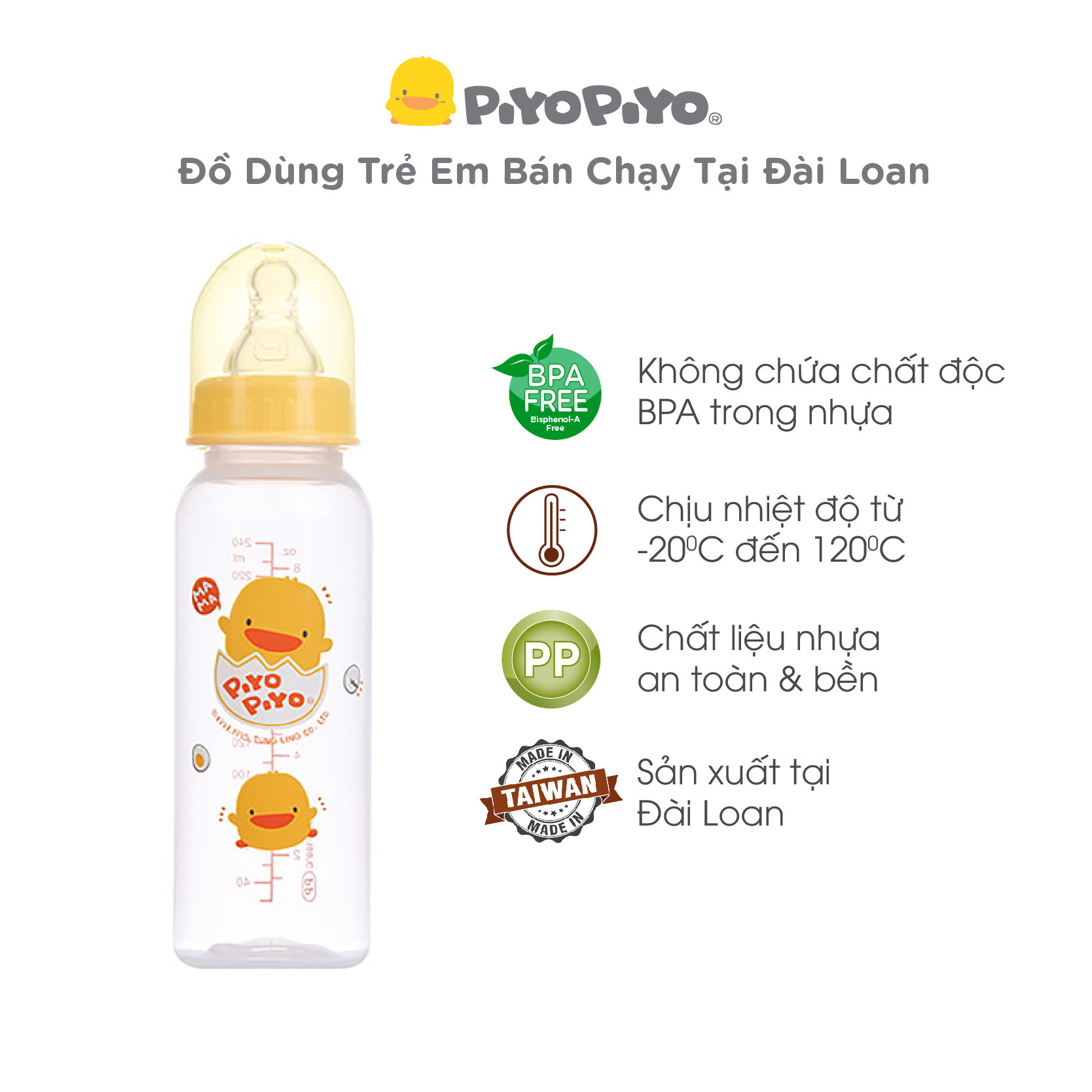 Bình sữa nhựa PP cổ tiêu chuẩn Piyo Piyo 240ml - PY830486