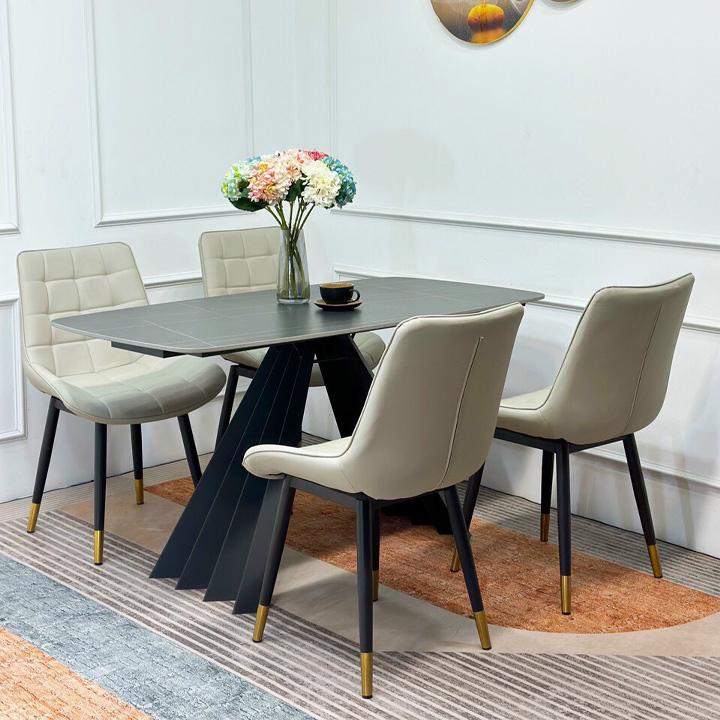 Bộ bàn ăn 4 ghế nhập khẩu chân sắt sơn tĩnh điện chữ A mặt đá ceramic, ghế bọc da phong cách Bắc Âu - Bảo hành 2 năm