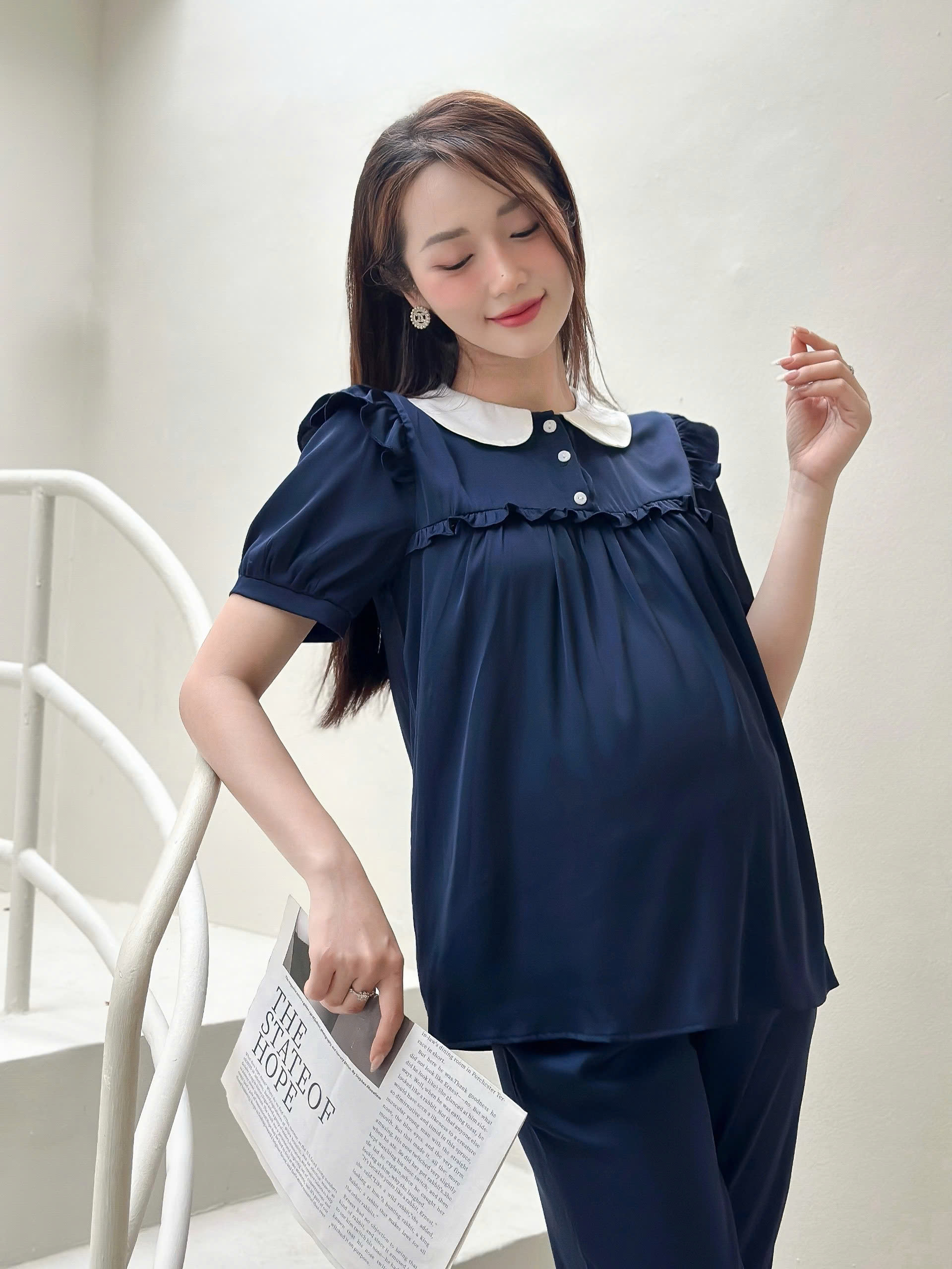 Azuno - Bộ Đồ Bầu Mặc Nhà Lửng Cao Cấp B245 Chất Liệu Satink Mặc Hè Siêu Mát