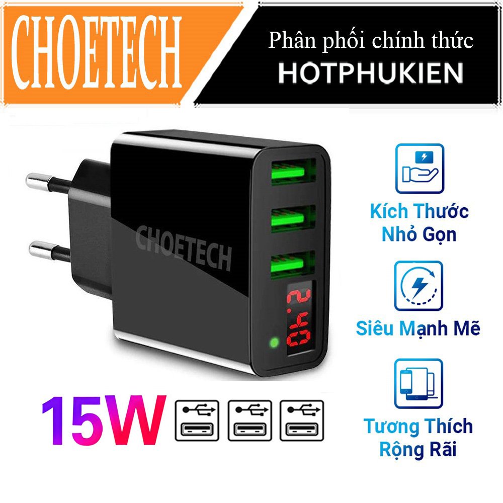 Cóc củ sạc nhanh 15W 3 cổng USB hiệu CHOETECH C0026 cho điện thoại / máy tính bảng Samsung iPhone Huawei Oppo Xiaomi (sạc nhanh 2.4A / Port, 3 Port USB, Max 3A, trang bị LED hiển thị) - Hàng chính hãng