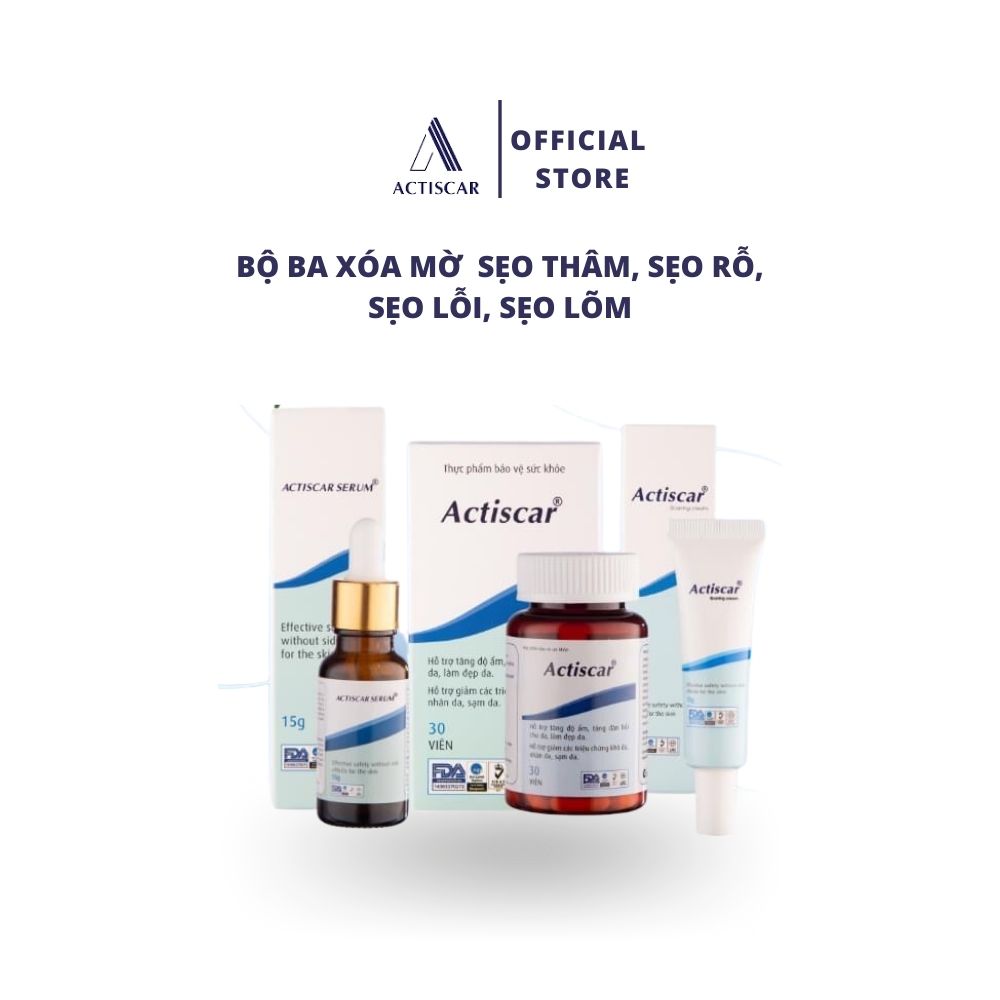 [Combo bộ 3 ]Hỗ Trợ Sẹo Actiscar gồm Kem + Serum + viên uống làm mờ sẹo Lồi, Lõm , Rỗ Thâm
