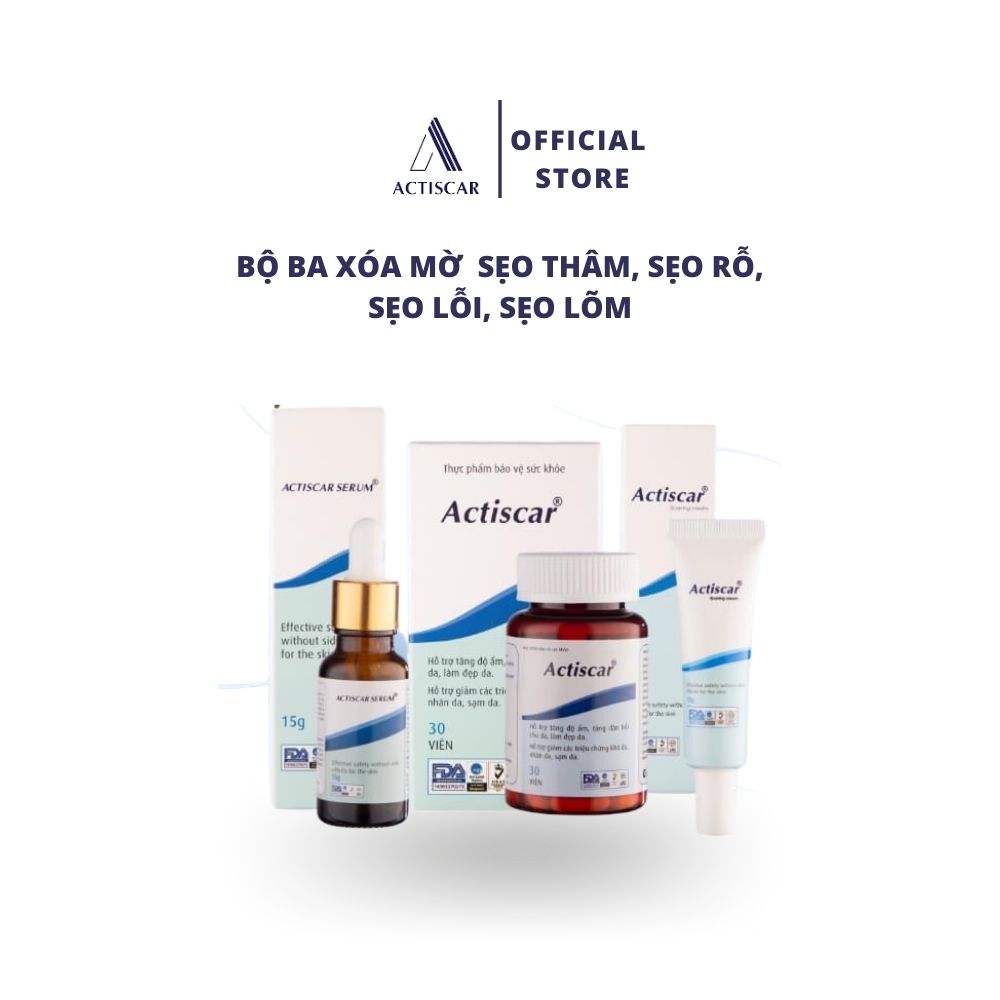 [Combo bộ 3 ]Hỗ Trợ Trị Sẹo Actiscar gồm Kem + Serum + viên uống làm mờ sẹo Lồi, Lõm , Rỗ Thâm