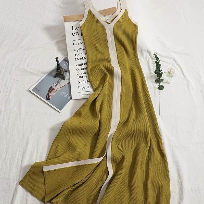 Đầm váy len nữ dệt kim cổ V phom suông phối viền xẻ trước sexy
