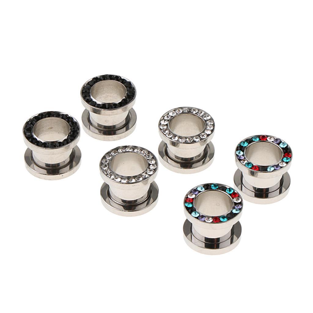 Set of 6 Ear Gauges Plug Expander Rhinestone Tunnel Piercing Jewelry 6mm