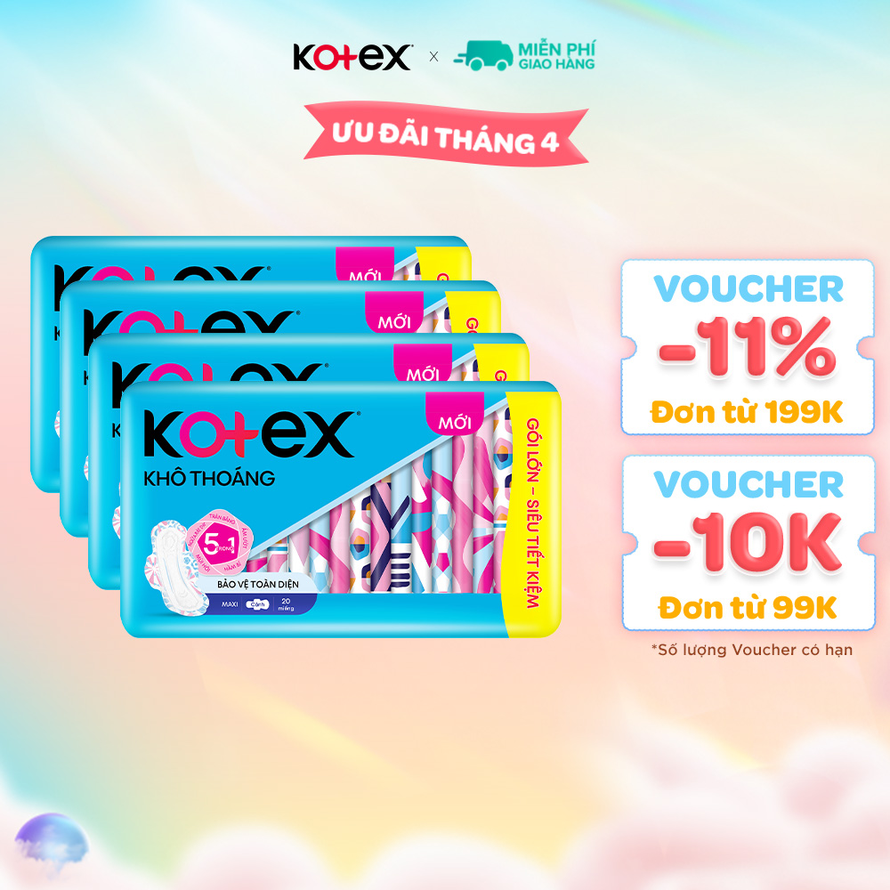 Combo 4 gói băng vệ sinh Kotex khô thoáng có cánh 23cm (20M/gói)