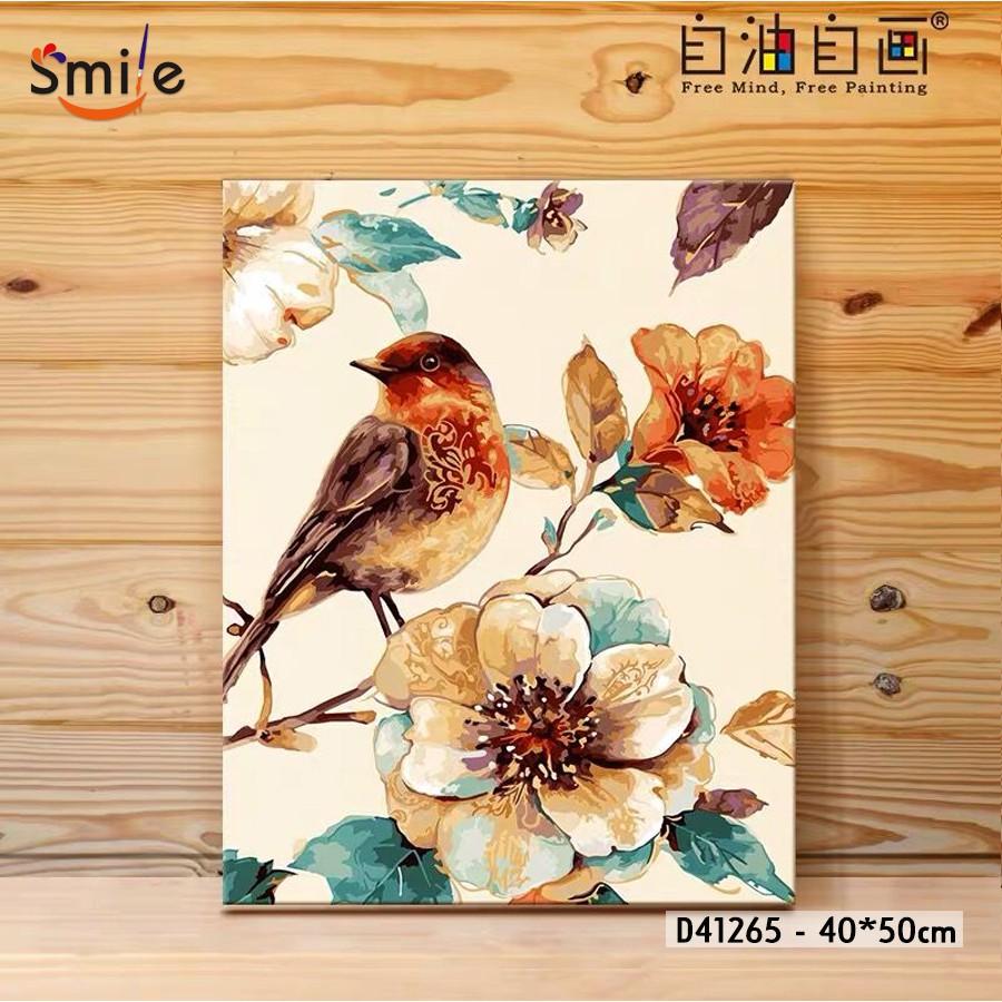 Tranh tô màu theo số sơn dầu số hóa cao cấp Smile FMFP Chú chim và hoa trà D41265