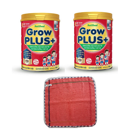 Combo 2 hộp Sữa bột Nutifood GrowPLUS+ Đỏ 900 Gr : sữa dành cho trẻ từ 1- 10 tuổi bị suy dinh dưỡng thấp còi tặng kèm khăn mặt cotton mềm mịn