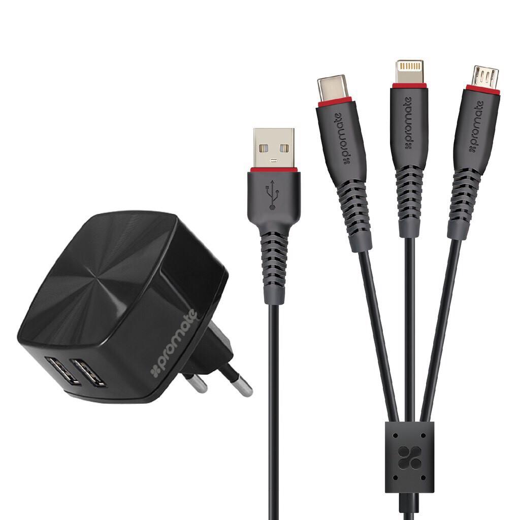 Cốc Sạc Promate Flexcharge.Eu Cốc 2 Cổng Usb Kèm Dây 3-In-1 Dài 1.2M Chuẩn Eu - Hàng Chính Hãng