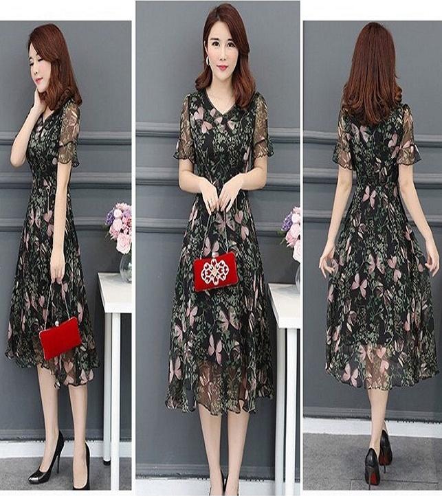 Đầm Xòe Voan Hoa 3D Tay Loe Cao Cấp