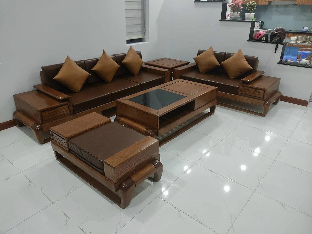 Bộ salon Gỗ Bích nệm da Juno Sofa 3m x 2m x 80 cm