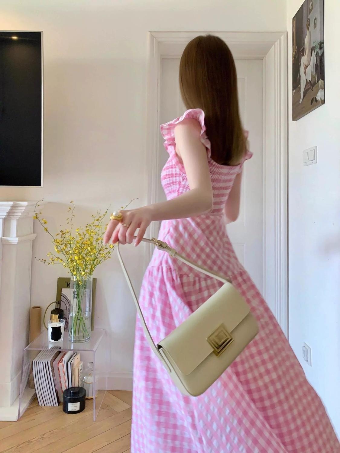 TOBE1SHOP Cao cấp bông màu hồng kẻ sọc ăn mặc cho phụ nữ Pháp retro nhỏ thiết kế cao cấp giảm tuổi váy dài dễ thương