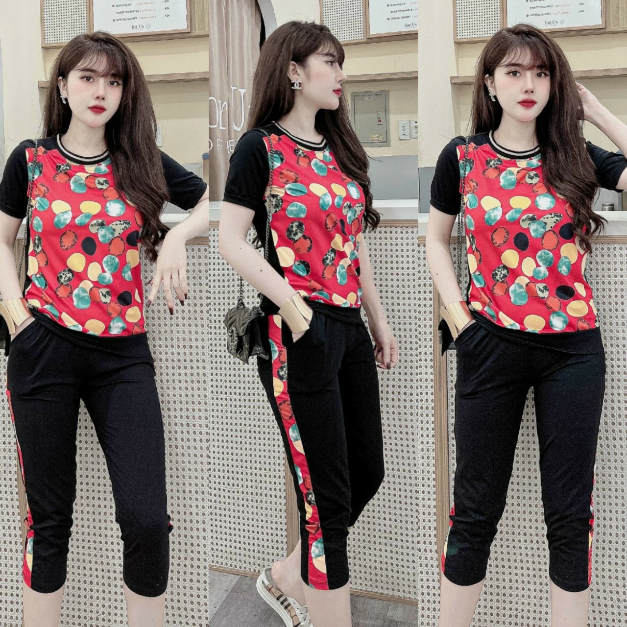 Đồ bộ lửng thun cotton hoạt tiết bóng tròn