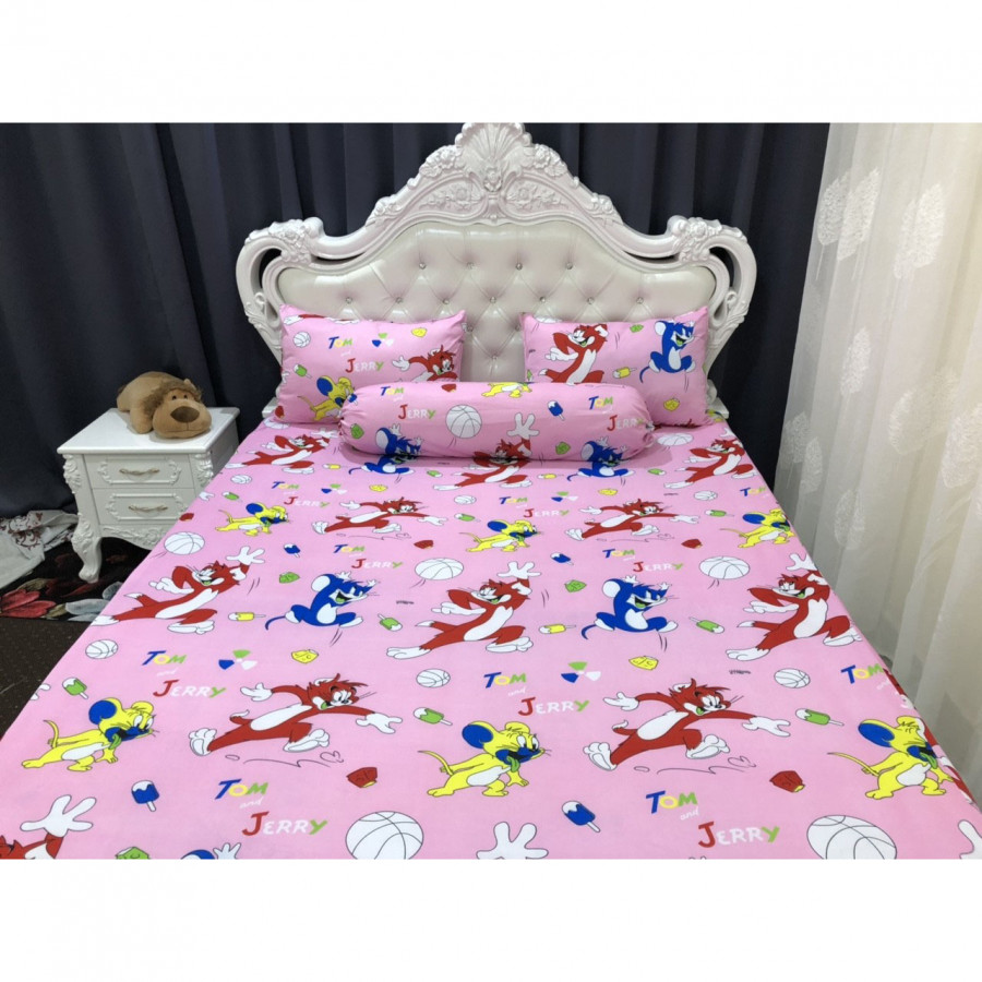 Bộ Drap Thun Lạnh Hàn Quốc TOM - CHERRY NỀN HỒNG