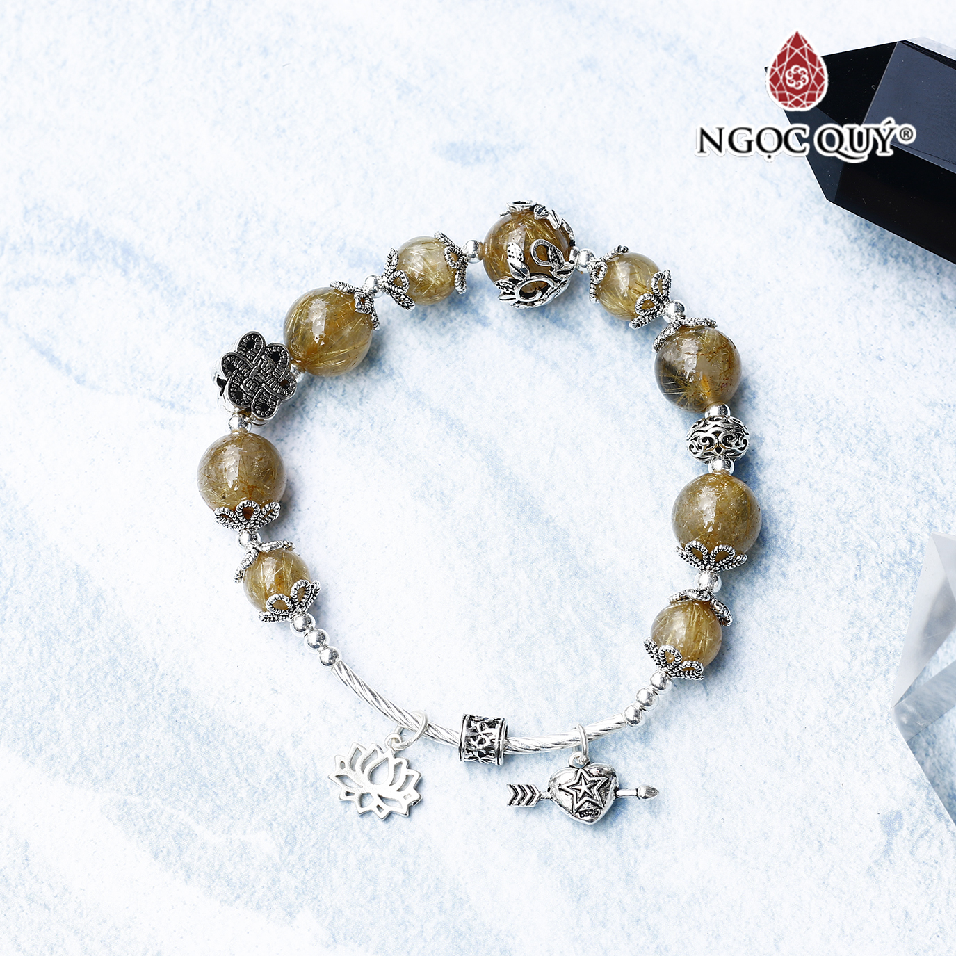 Vòng thạch anh tóc vàng phối lu thống charm bạc hạt 8mm mệnh thủy, kim - Ngọc Quý Gemstones