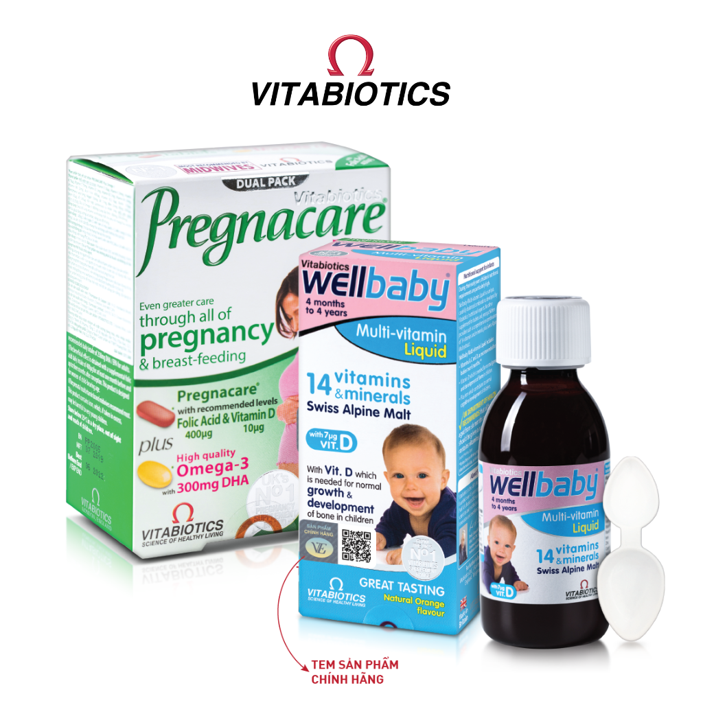 Bộ Sản Phẩm Vitabiotics Viên Uống PREGNACARE PLUS OMEGA-3 Cho Mẹ Bầu 56 Viên Và Siro WELLBABY Cho Bé 150ml