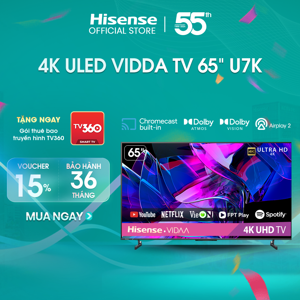 Smart Tivi ULED Hisense 4K 55 inch 55U7K tìm kiếm bằng giọng nói có tiếng Việt, bảo hành 3 năm - HÀNG CHÍNH HÃNG