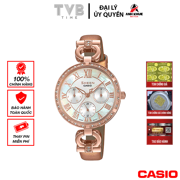 Đồng hồ nữ dây da Casio Sheen chính hãng SHE-3067PGL-7BUDF