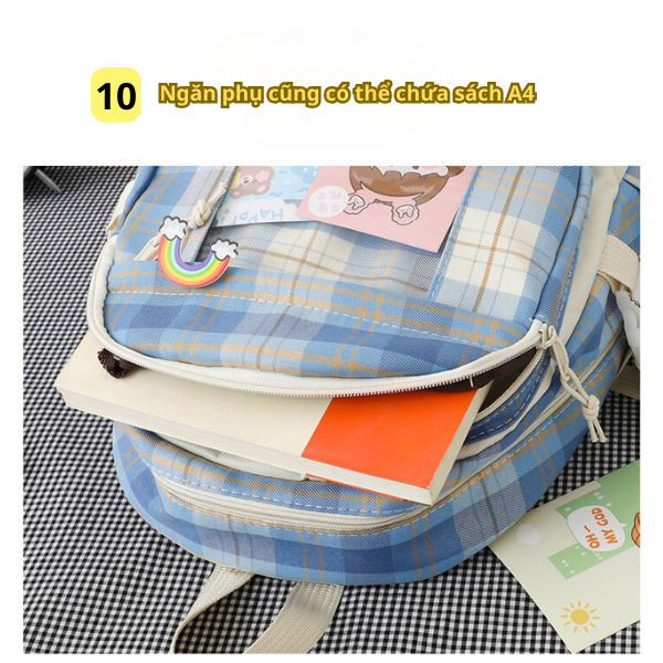 Combo 5 món BH Kids Balo caro nữ, phiên bản Hàn Quốc, vải Nylon chống nước