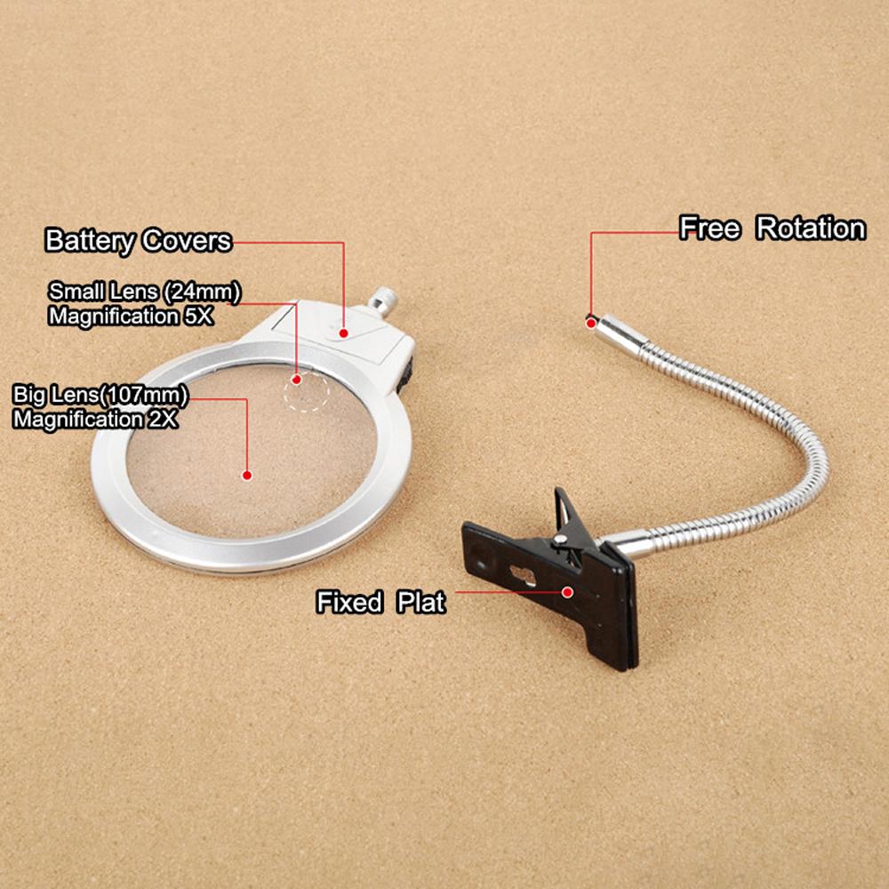 Pro Flexible Hands Free Magnifying Glass Desk Lamp Bright LED Lighted Gooseneck Magnifier with Clamp for Reading Diamond
