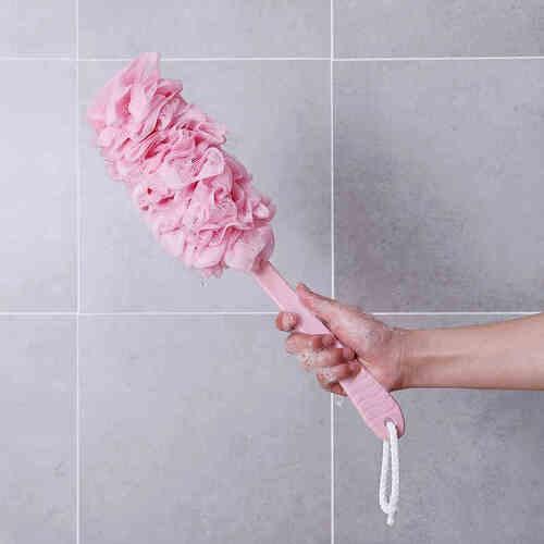 Cây chà lưng cọ kèm bông tắm có tay cầm dài lưới mềm mại massage sạch mụn trắng da vệ sinh cơ thể màu xanh hồng
