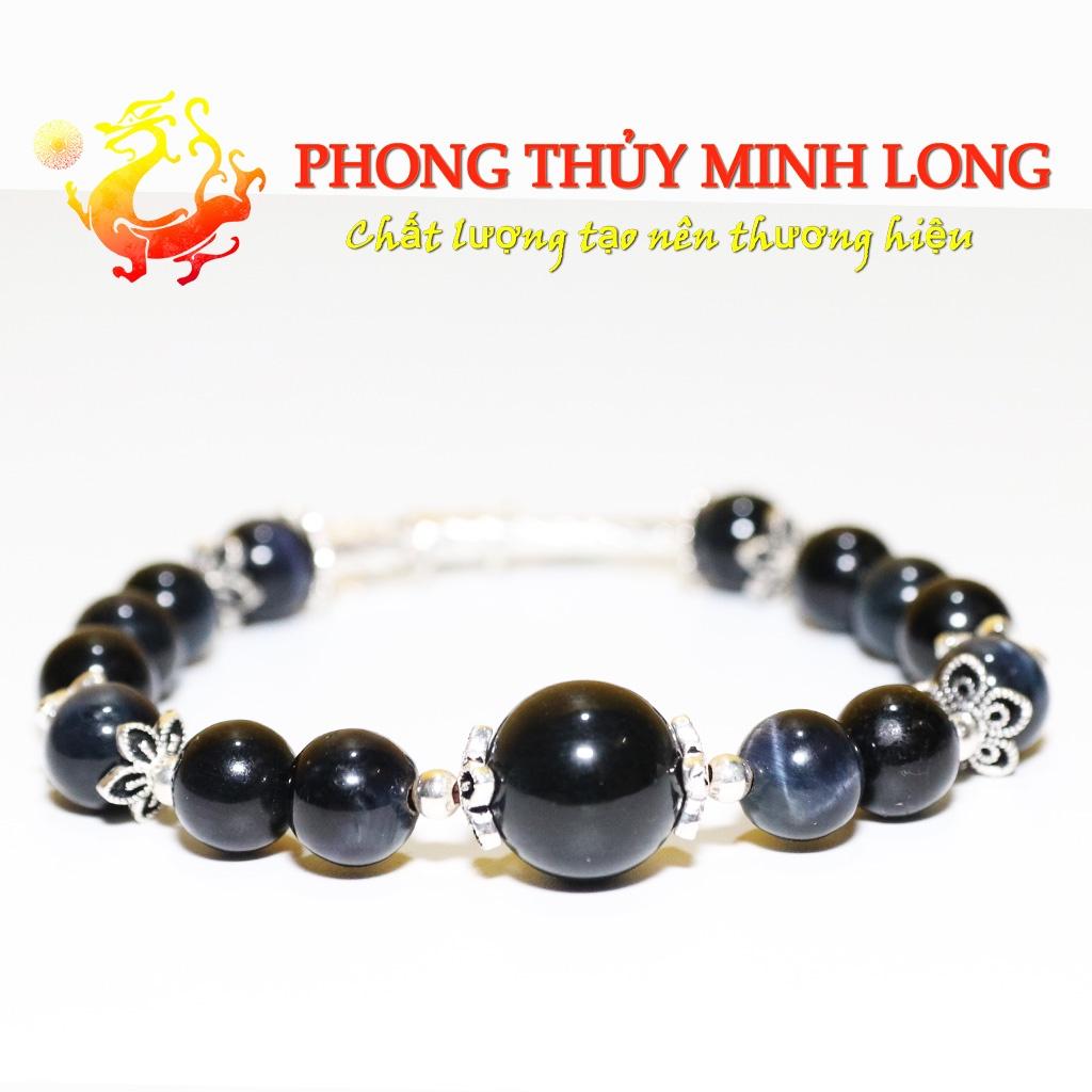 Vòng tay đá Mắt Hổ Chim Ưng mix túi tiền lá bạch dương bạc nhỏ xinh với người mệnh Kim và Thủy