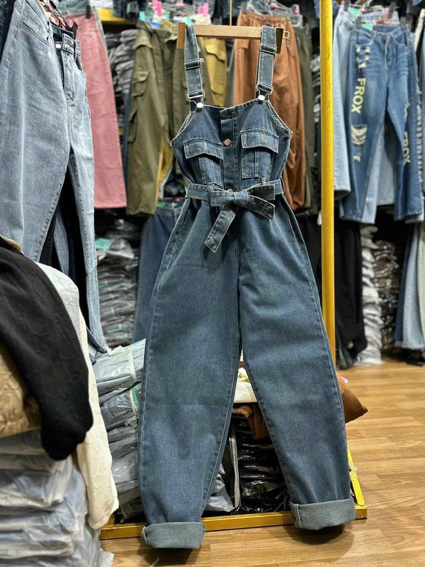 Quần yếm jeans nữ ống suông rộng 2 túi cột nơ, quần yếm xanh jean dài dáng rộng phong cách Hàn Quốc