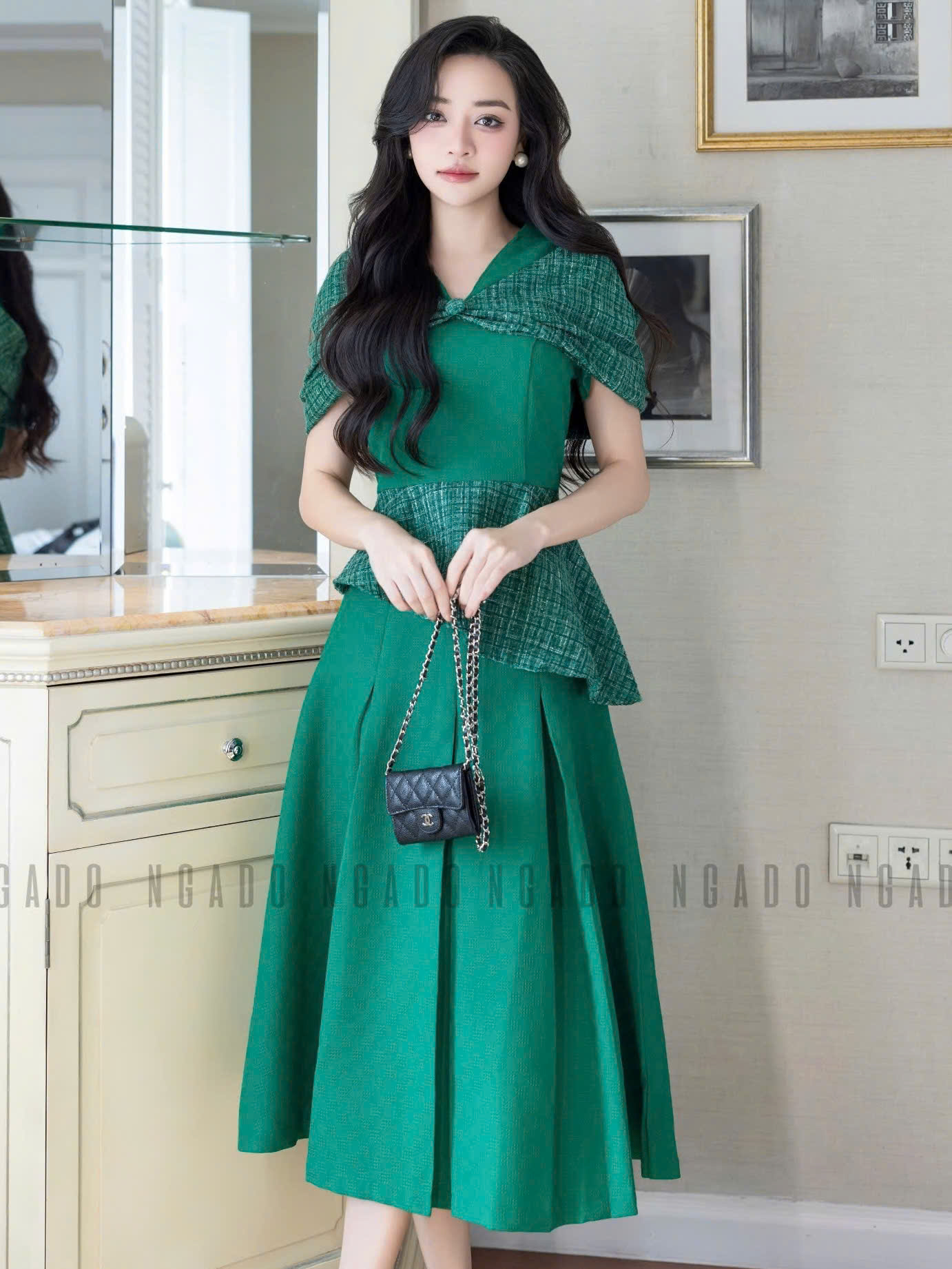 Set áo váy xanh lá tay phối nơ NGADO , đầm dự tiệc , đầm thiết kế