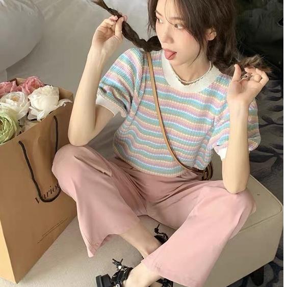 Áo len dệt kim nữ tay ngắn - Áo thun nữ kiểu kẻ sọc ngũ sắc sinh động trẻ trung hàng thiết kế Quảng Châu cao